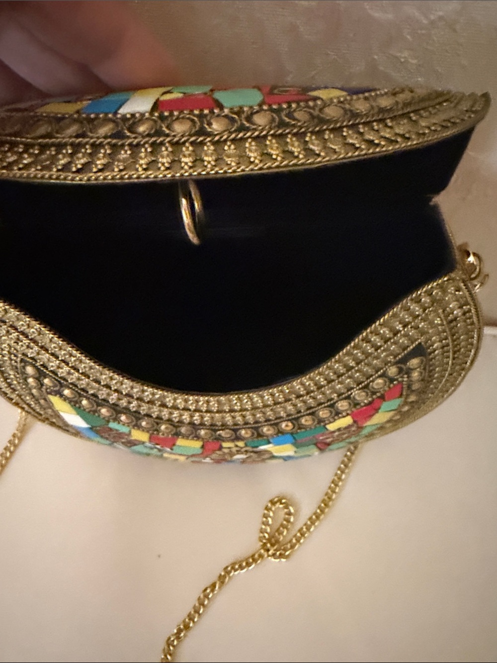 Ramla Kimy’s Metal Gold Mosaic Half-Moon Crossbody Bag - Multicolor Accent Good - Picture 6 of 11